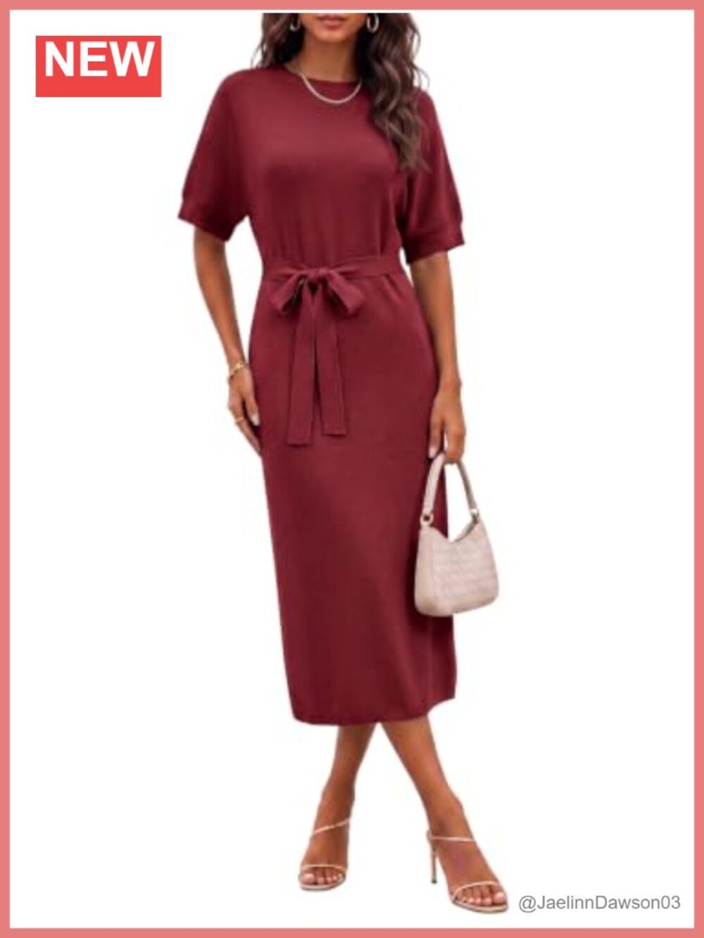 Womens Knit Midi Sweater Dress Short Sleeve Mock Neck Tie Waist